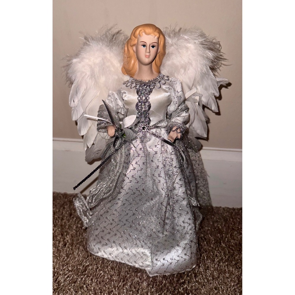 At Home Angel Christmas Tree Topper 12in NEW Silver White Feather Wings Glitter
